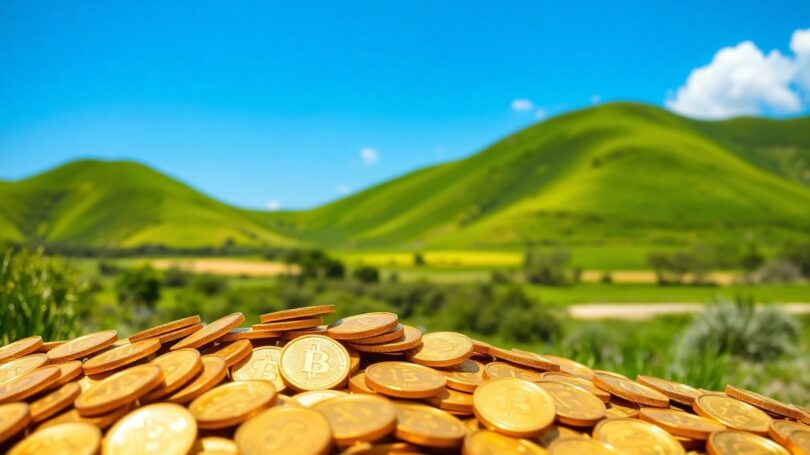 Australian landscape with golden coins and green hills.