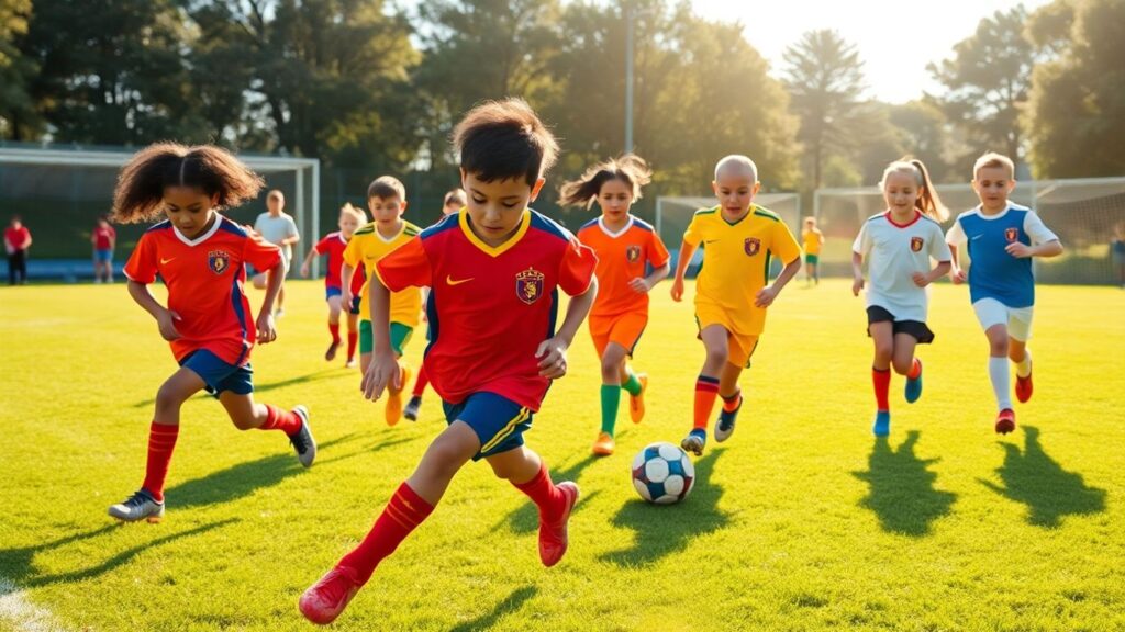 Young soccer players in action on a sunny field.