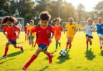 Young soccer players in action on a sunny field.