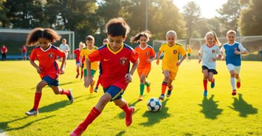 Young soccer players in action on a sunny field.