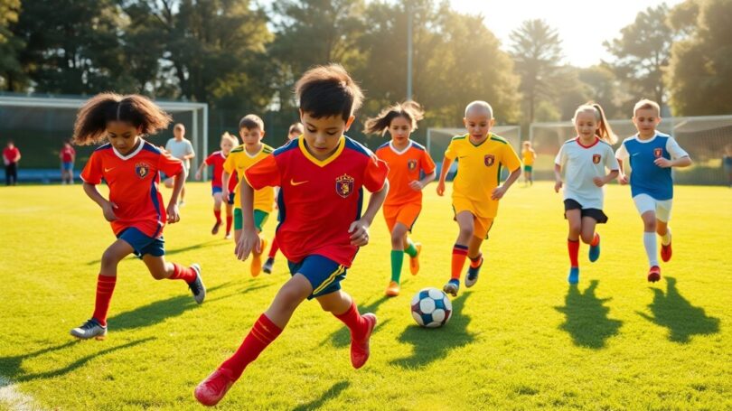 Young soccer players in action on a sunny field.