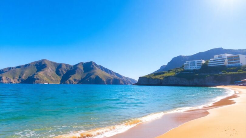 Tranquil Sydney beach with cliffs and modern buildings.