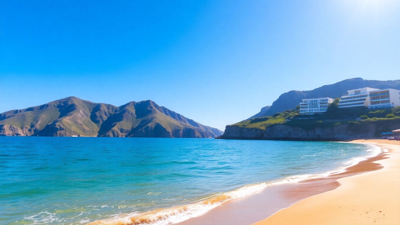 Tranquil Sydney beach with cliffs and modern buildings.