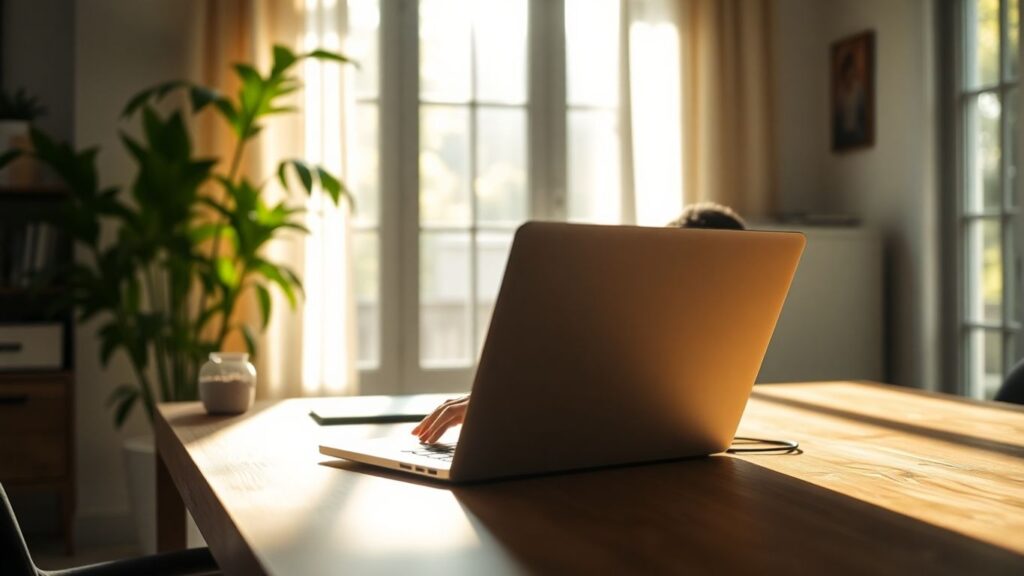 Calm remote worker in a sunlit home office.