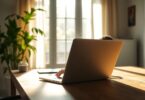 Calm remote worker in a sunlit home office.