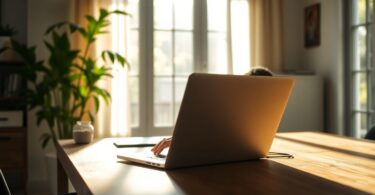 Calm remote worker in a sunlit home office.