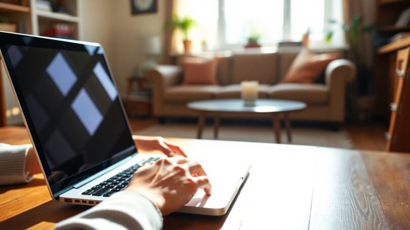Person working on laptop at home in Australia.