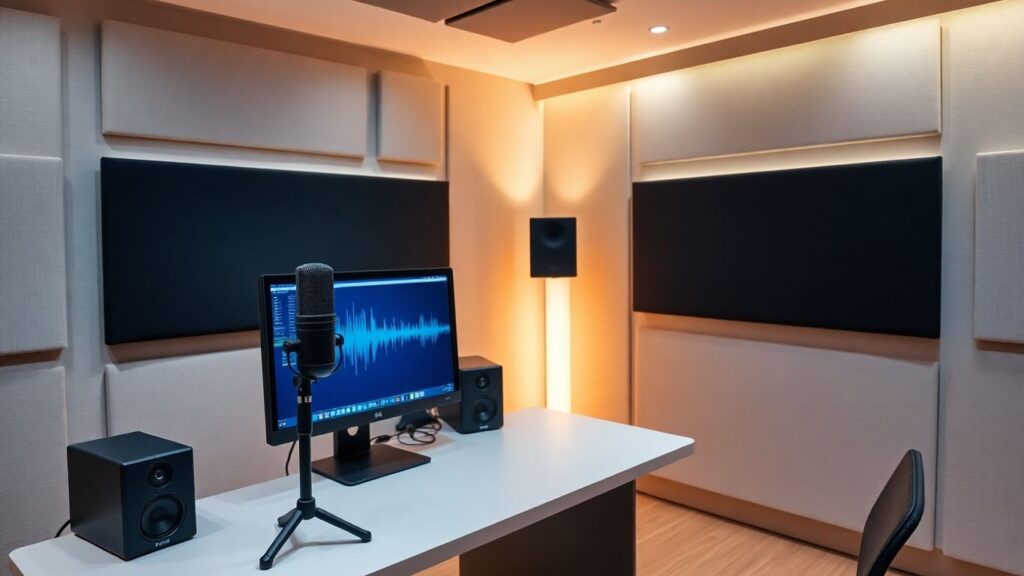 Recording studio with microphone and computer.