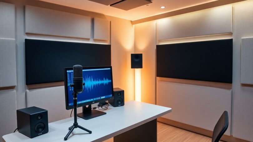 Recording studio with microphone and computer.