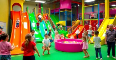 Kids enjoying slides and ball pits at Scrambles Play Centre.