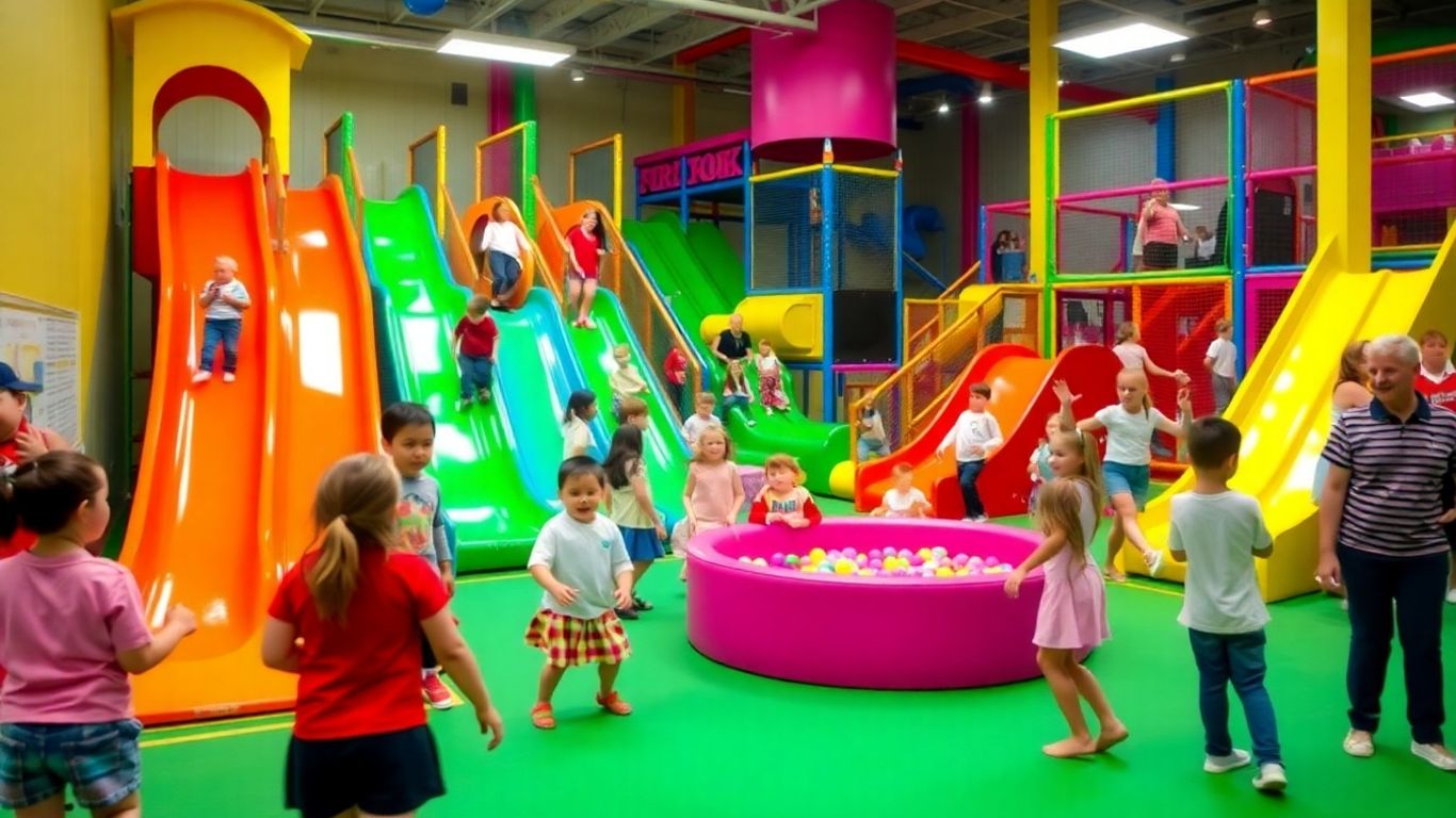Kids enjoying slides and ball pits at Scrambles Play Centre.
