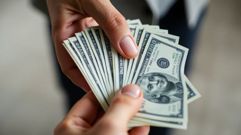 Hand holding cash, immediate earnings
