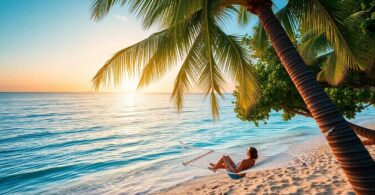 Serene beach sunset with person relaxing