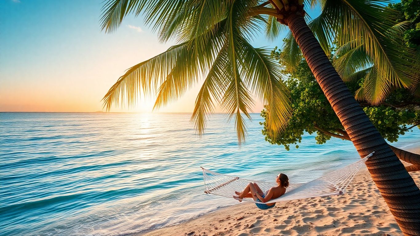Serene beach sunset with person relaxing