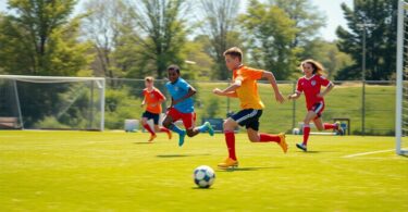 Footballers playing 5-a-side on a sunny day.