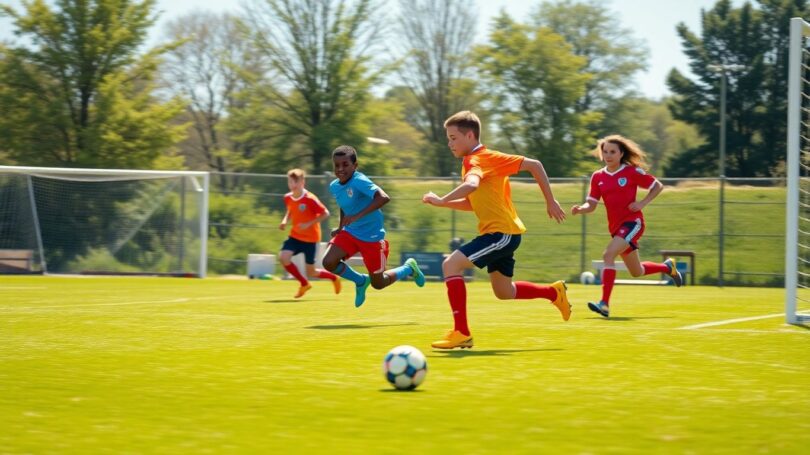 Footballers playing 5-a-side on a sunny day.