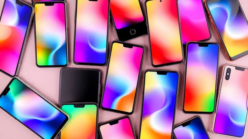 Modern smartphones with vibrant screens.