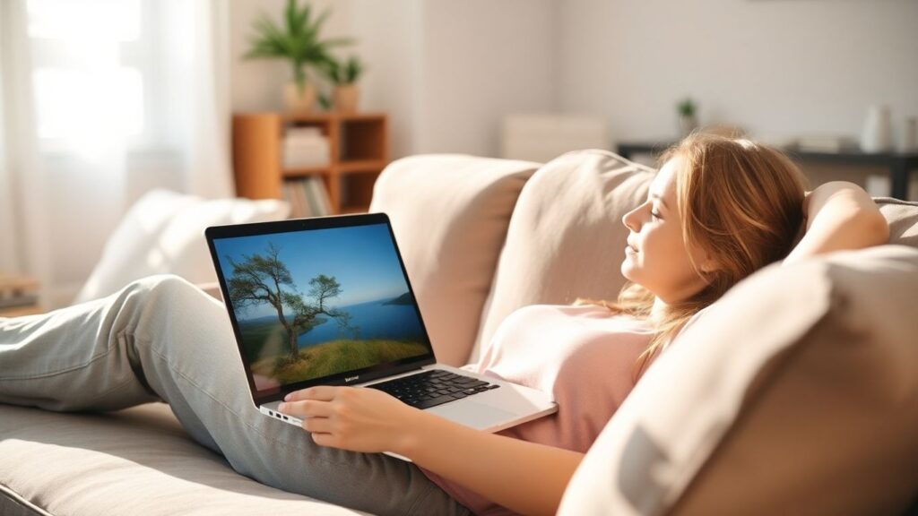 Person relaxing on couch with laptop, calm career.