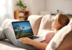 Person relaxing on couch with laptop, calm career.