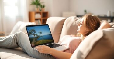 Person relaxing on couch with laptop, calm career.