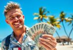Person holding cash on an Australian beach