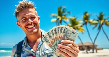 Person holding cash on an Australian beach