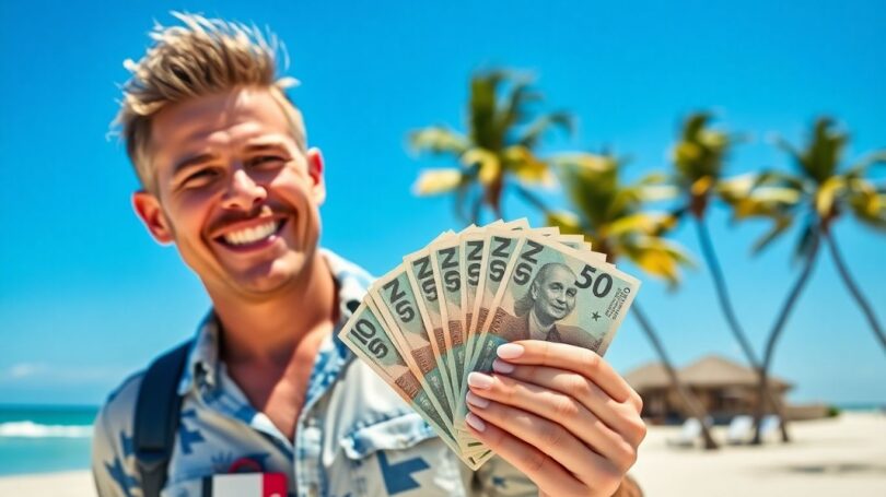 Person holding cash on an Australian beach