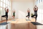 People doing Iyengar yoga poses in a bright studio.