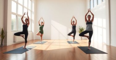 People doing Iyengar yoga poses in a bright studio.