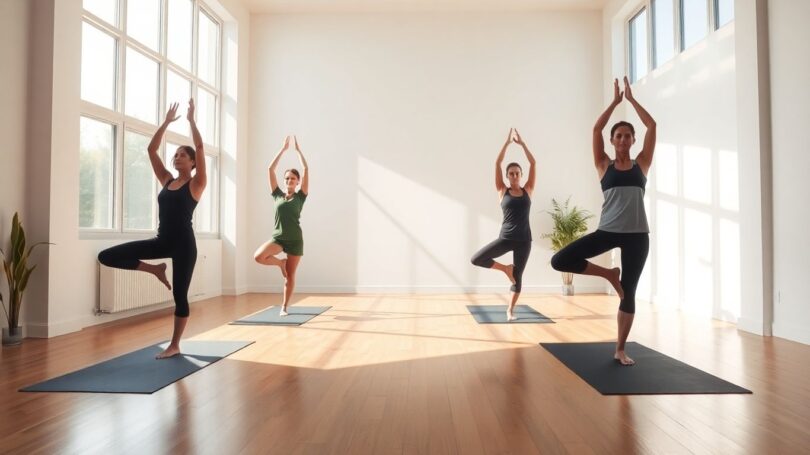 People doing Iyengar yoga poses in a bright studio.