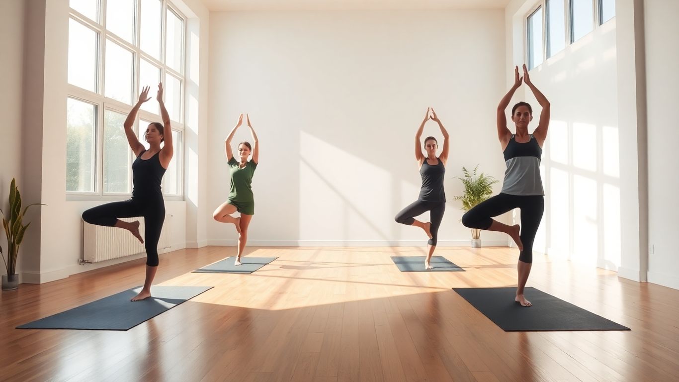People doing Iyengar yoga poses in a bright studio.