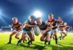 Schoolboy rugby league players in action on field