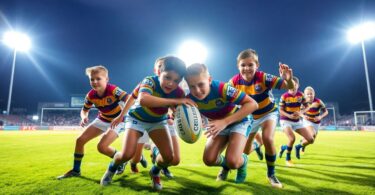 Schoolboy rugby league players in action on field