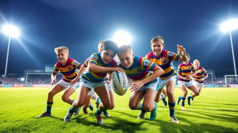 Schoolboy rugby league players in action on field