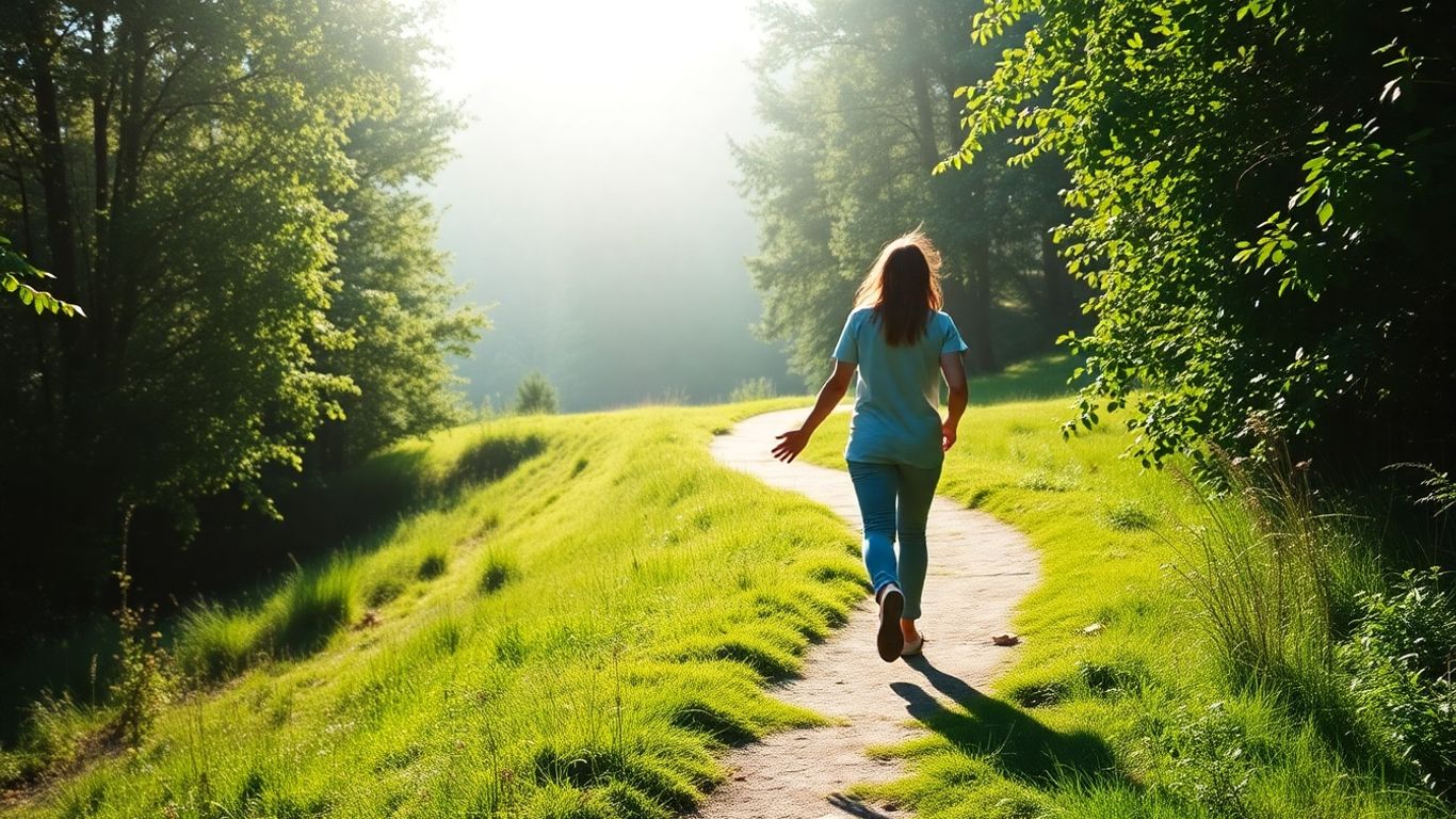 Person walking on a path towards sunlight