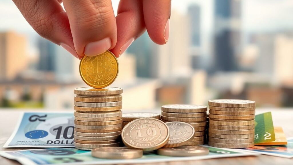 Australian money pile with hand adding coin.
