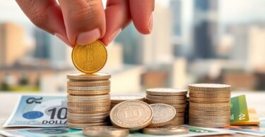 Australian money pile with hand adding coin.
