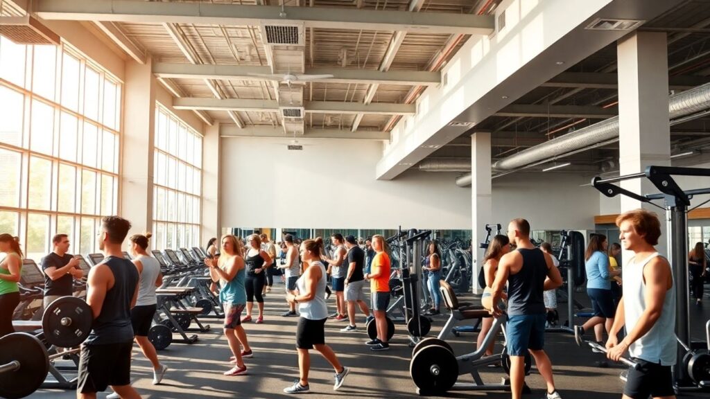 Melbourne gym with people exercising, modern equipment.