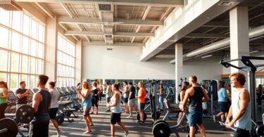 Melbourne gym with people exercising, modern equipment.