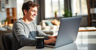 Person working on laptop at home in Australia