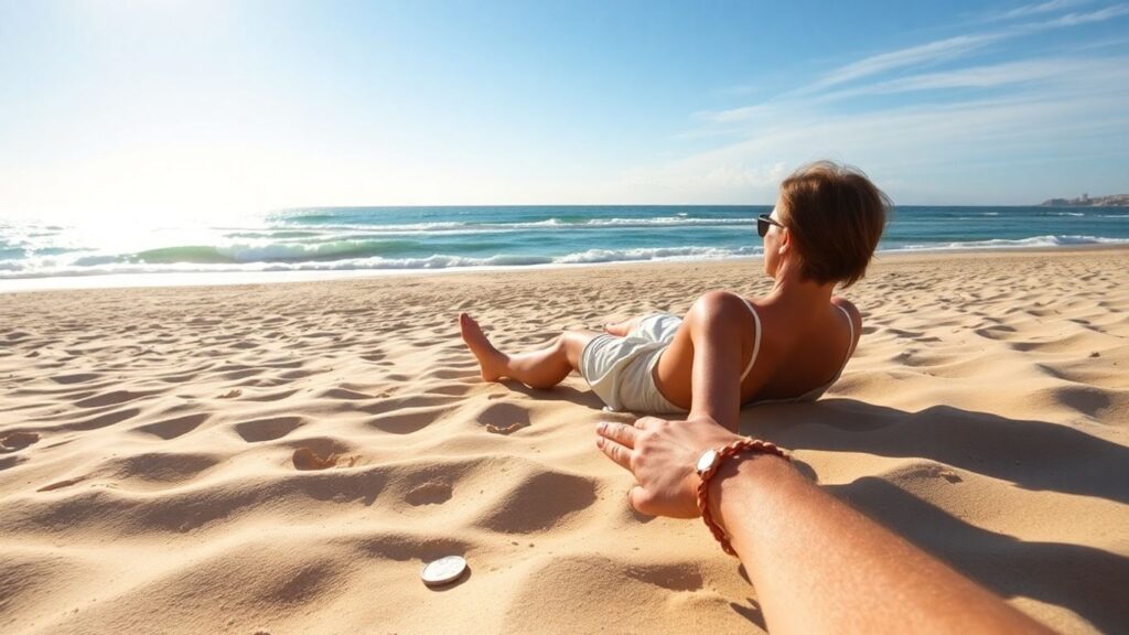 Australian beach with money, dreaming of wealth.