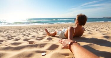 Australian beach with money, dreaming of wealth.