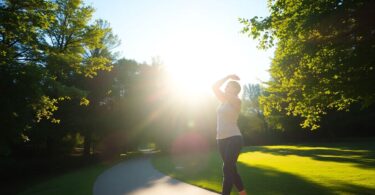 Person stretching in a sunny Richmond park.