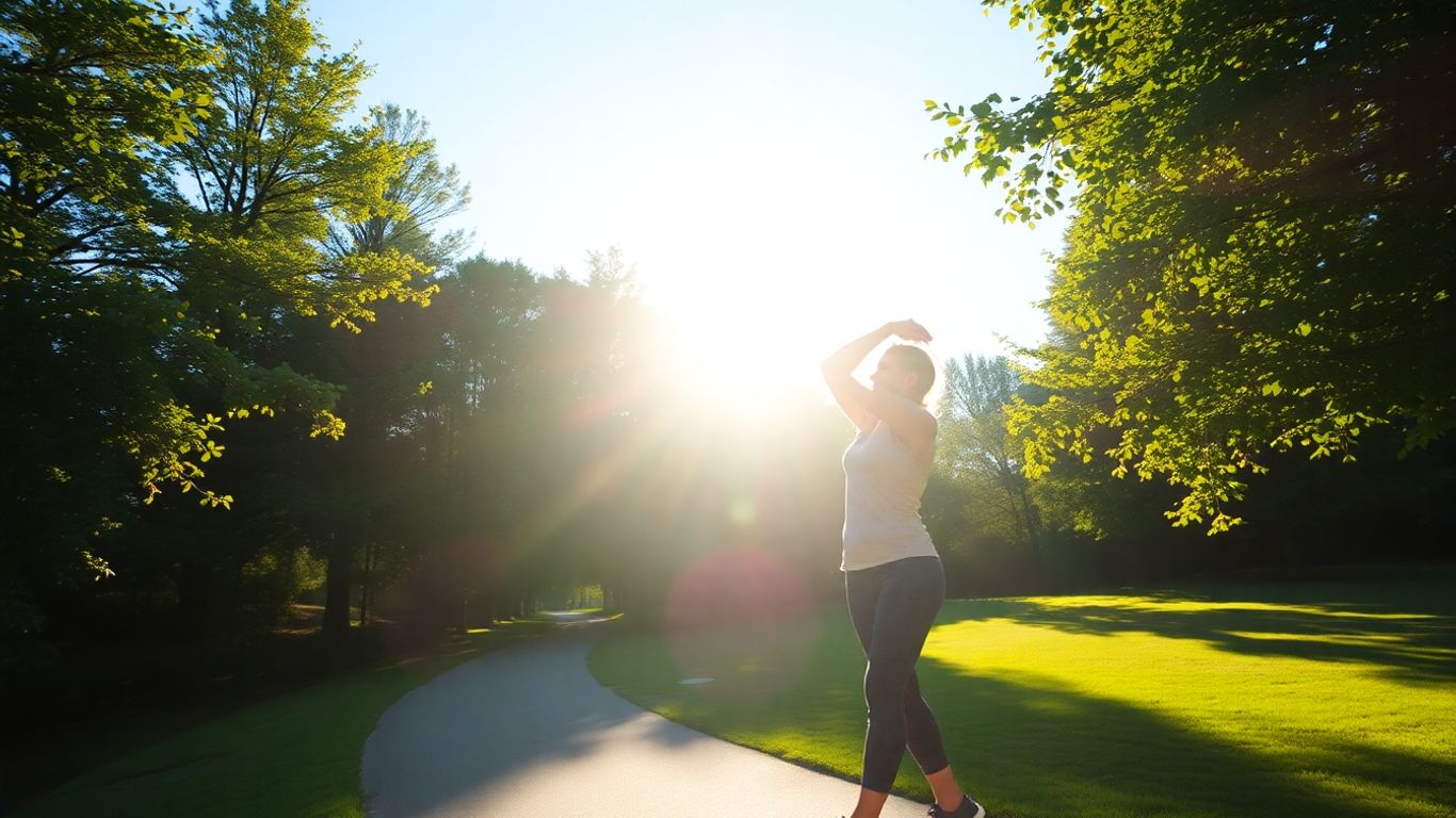 Person stretching in a sunny Richmond park.