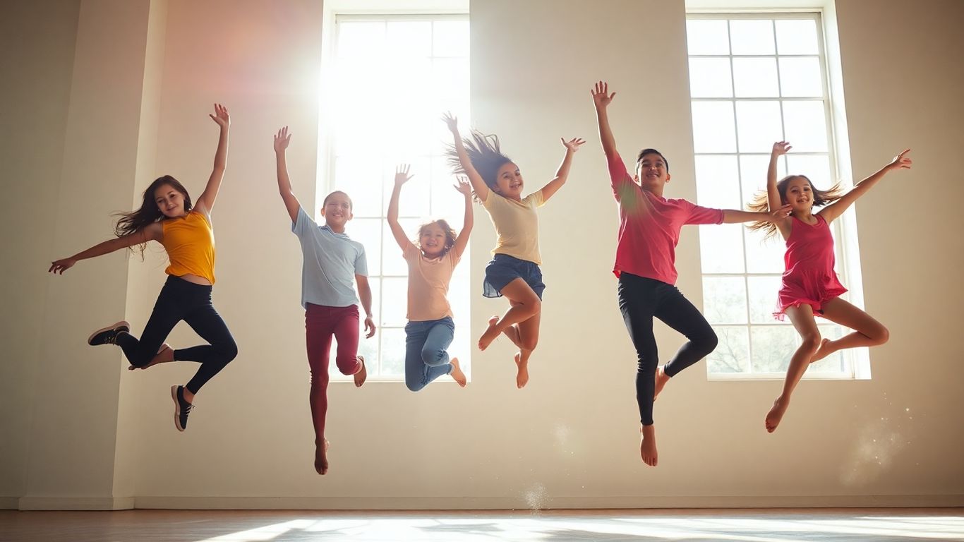 Young dancers leaping joyfully in a sunlit studio.
