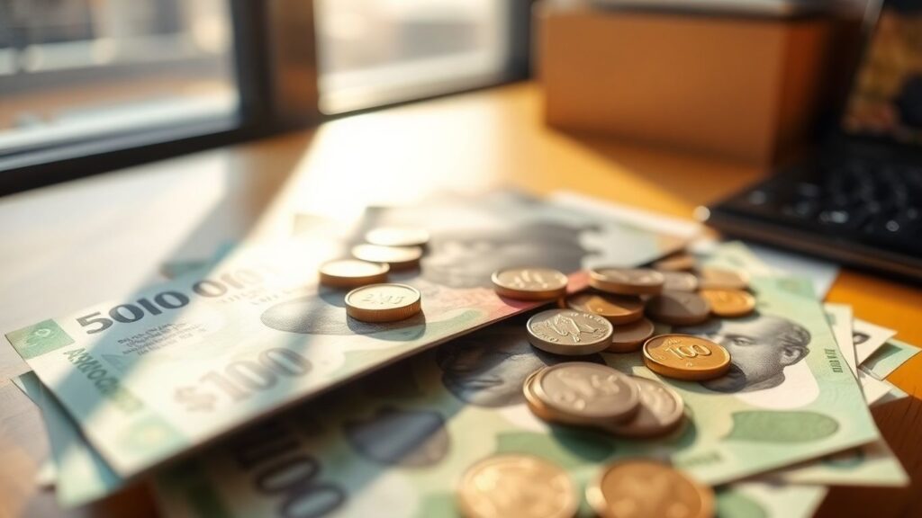 Australian dollars and coins on a desk.