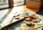 Australian dollars and coins on a desk.
