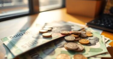 Australian dollars and coins on a desk.