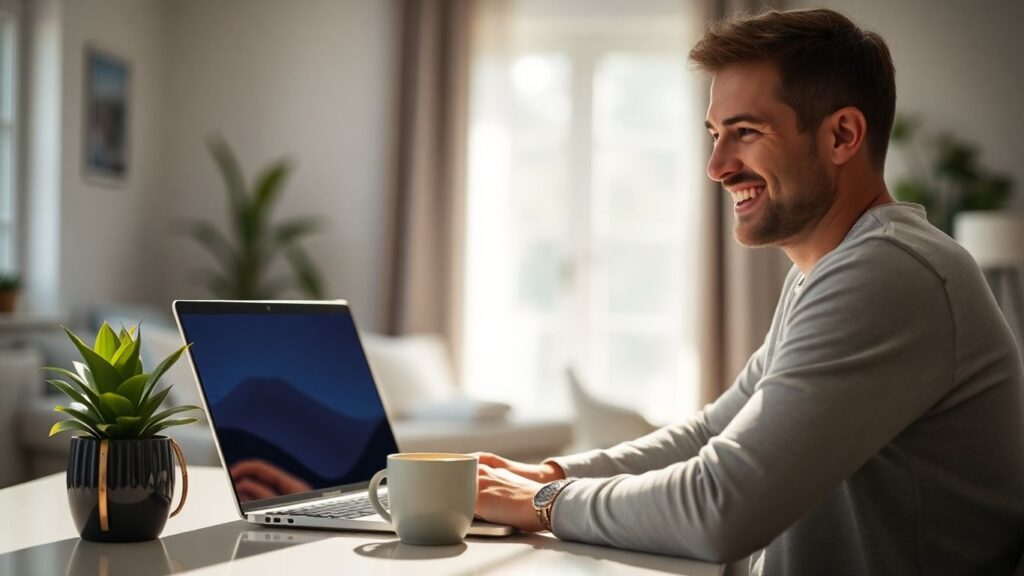 Aussie working from home on laptop, smiling.