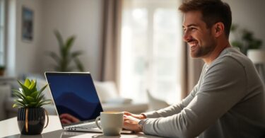 Aussie working from home on laptop, smiling.